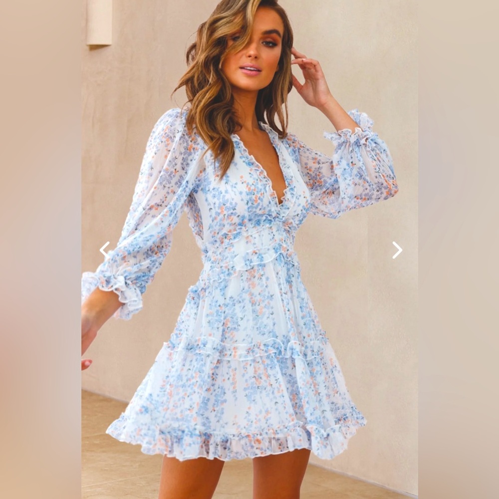Selfie Leslie Pale Blue Floral Ruffle Mini Dress